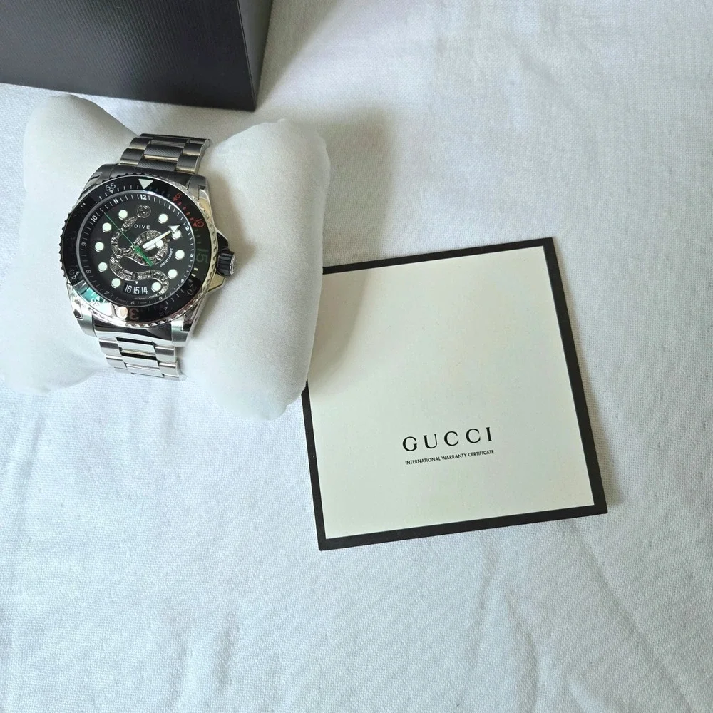 Gucci Dive 45mm Black Snake Dial Stainless Steel Watch YA136218 Retail $1800 NIB